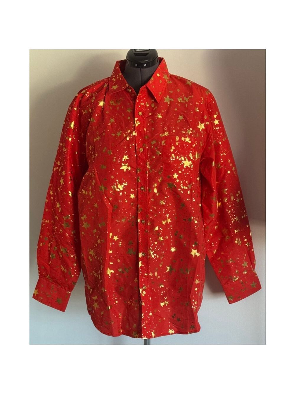 Men's BROOKLYN STATE Casual Button Down Shirt XXL Red Gold Stars